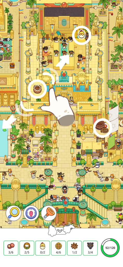 A hand-drawn Ancient Egyptian level in Cat Trip where players search for hidden items and adorable cats.