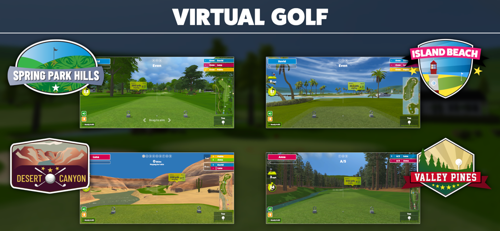 Four different virtual golf course environments in the Awesome Golf Simulator app