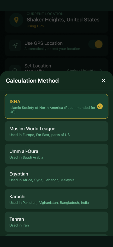 Interface permettant de choisir les méthodes de calcul des horaires de prière islamiques.