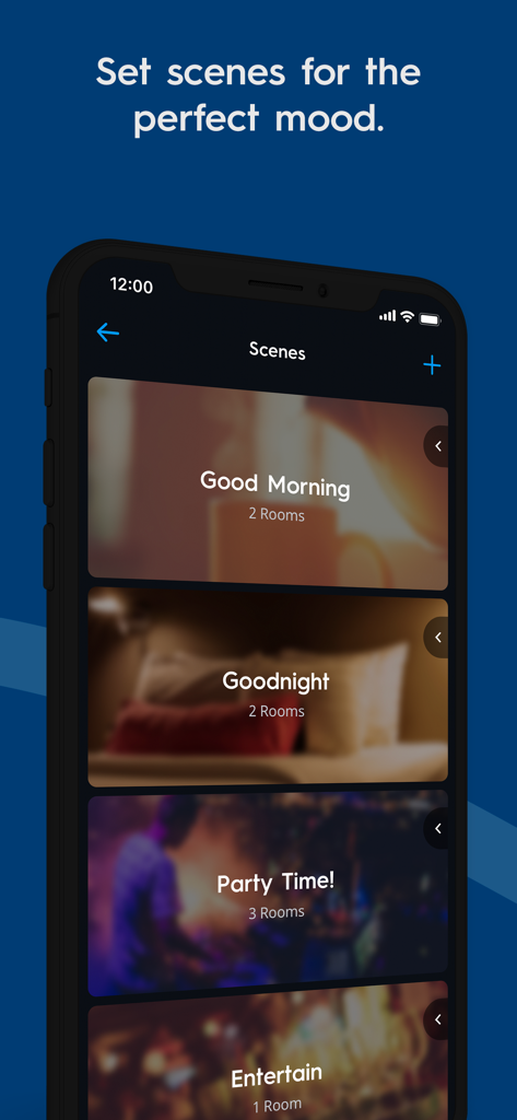 Cync (the new name of C by GE) - Interface of the Cync app showing options to set lighting scenes for different moods