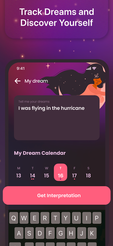 Dream Book: Journal & Analysis - Interfaz de la aplicación Dream Book que muestra una entrada del diario de sueños y un calendario de sueños.