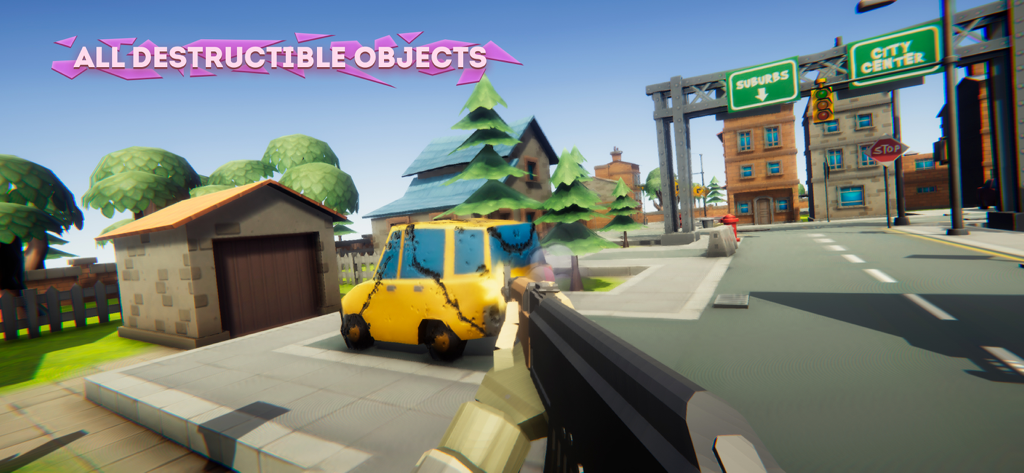 Destruction Simulator: Crashes - First person view of a player holding a gun and aiming at a yellow car in a low poly city.