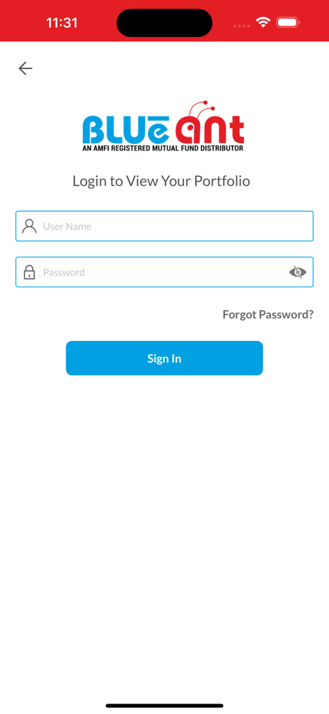 Login screen for the BLUeaNT financial portfolio tracking app