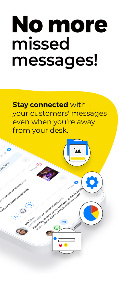 NapoleonCat mobile app showing a unified social media inbox with customer messages and interaction icons