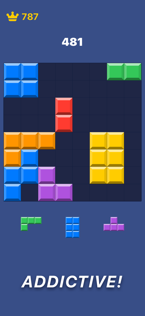 Gameplay screenshot of Block Blast Forever showing a colorful block puzzle grid with score and upcoming pieces