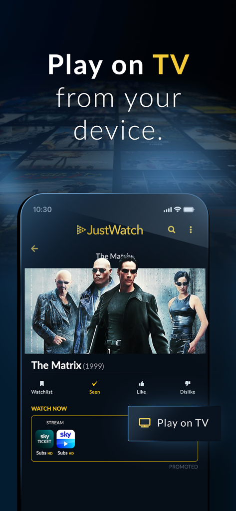 JustWatch - Movies & TV Shows - JustWatch app interface showing a movie page with a Play on TV button overlay