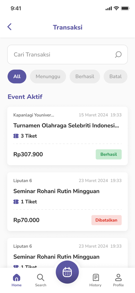 Youniverse - Community - Transaction history screen in the Youniverse app showing active event tickets and purchase status