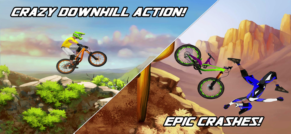 Bike Mayhem Freestyle - A split screen showing mountain bike jumps and ragdoll physics crashes in a downhill racing game.