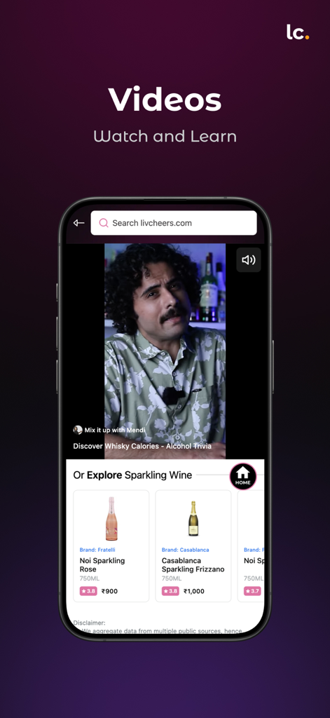Livcheers - Alcohol Discovery - Livcheers app video player featuring alcohol trivia and a carousel of sparkling wine products.
