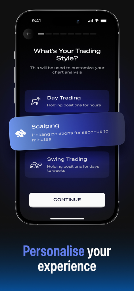 Chart AI - Trading Signal Bot - Mobile screen interface for selecting a trading style between day trading, scalping, and swing trading in the Chart AI app.