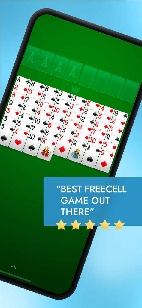Screenshot des Gameplays von FreeCell von Brainium Studios mit einer Fünf-Sterne-Bewertung.