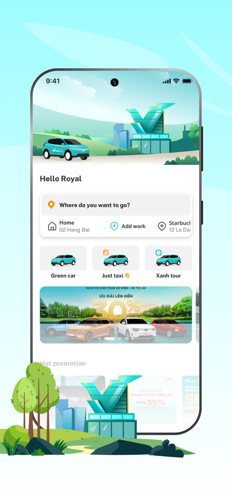 Home screen of the Green SM ride-hailing app showing electric vehicle booking options and a destination search bar.
