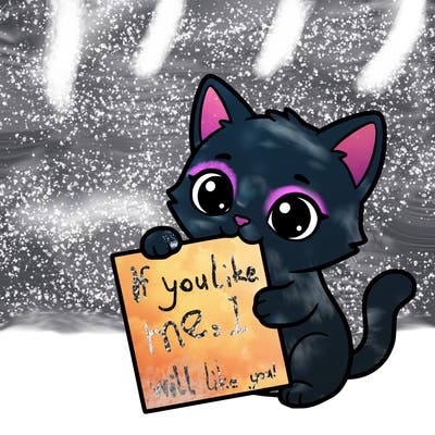 a small cat with a blank sheet of paper in its hand. the cat is sooooooo cute!