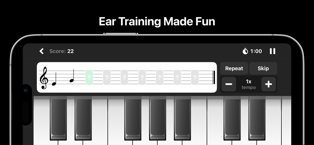 Chet ear training app interface featuring a virtual piano keyboard and musical score for a call and response game