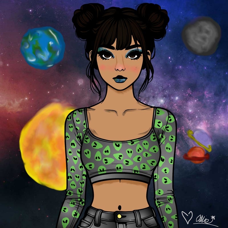 realistic girl with space buns and bangs and a crop top