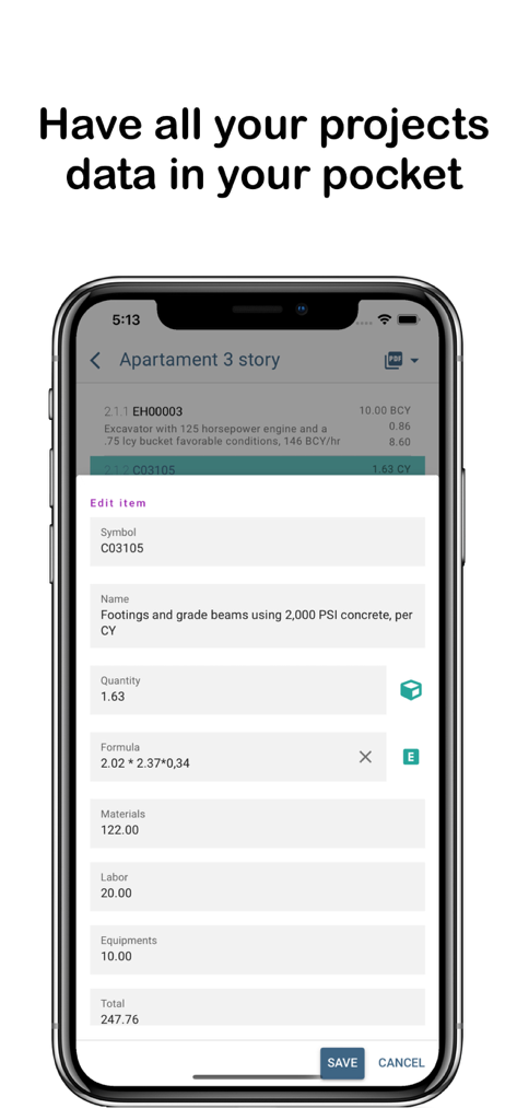 Deviz AR - Screenshot of the Deviz AR app displaying a construction project item edit screen with cost and quantity data