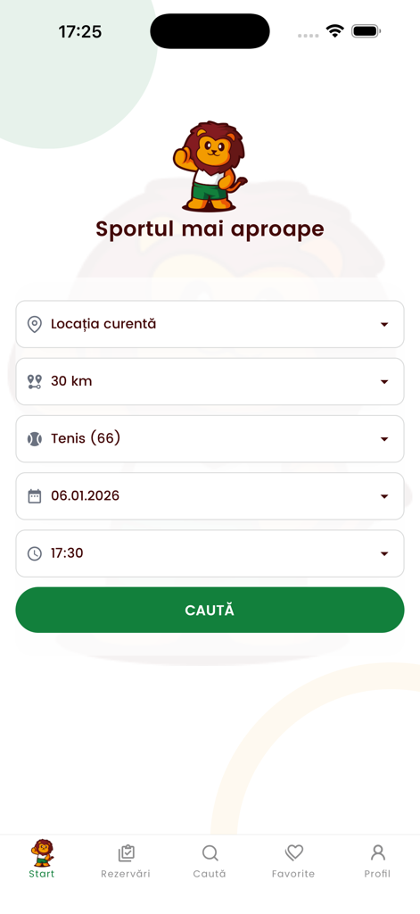 Booksport - Tela de busca do aplicativo Booksport mostrando filtros de raio de localização tipo de esporte data e hora para reservas de instalações esportivas
