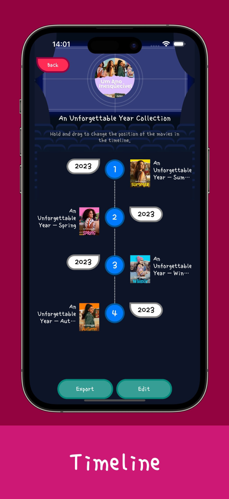GameBox:Screw Movies Track - Una pantalla de smartphone que muestra una línea temporal de películas vertical para una colección de películas con pósteres y años de lanzamiento.