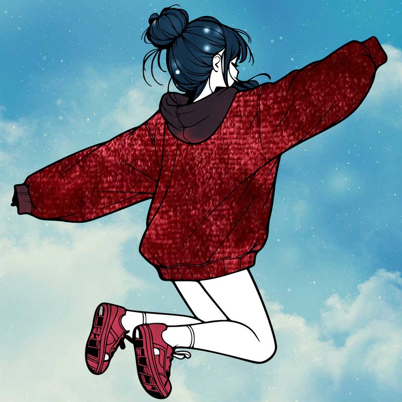 realistic girl jumping with a bun and oversized sweatshirt