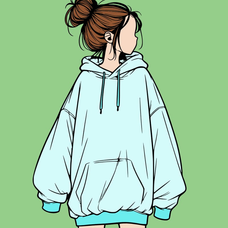 realistic girl with a oversized sweatshirt on and a bun