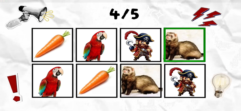 Say the Word on the Beat Game - A vocabulary grid in a rhythm-based speech game showing images of a carrot parrot pirate and ferret
