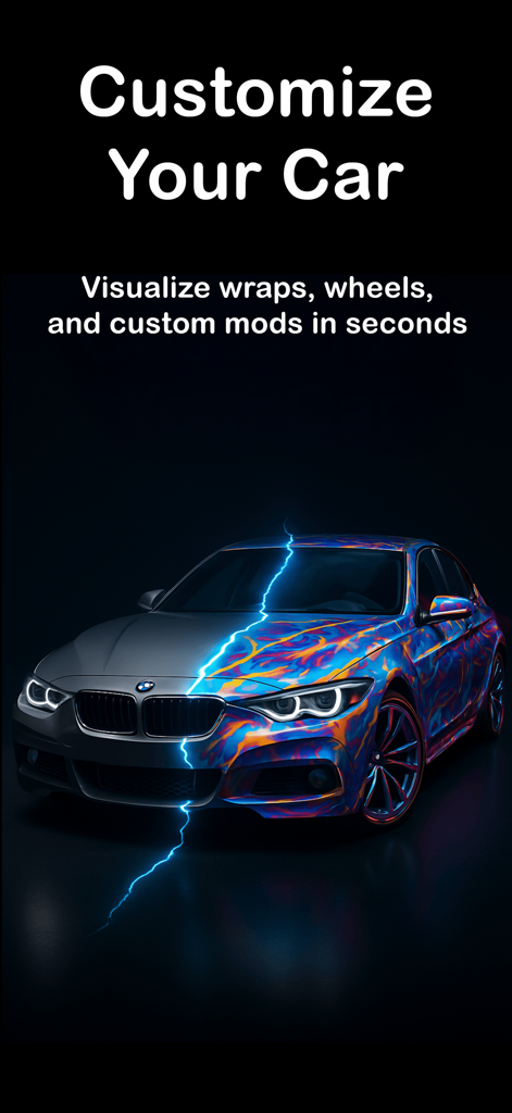 AutoLab - Customize Your Car - A split screen showing a grey car being transformed into a customized car with a colorful flame wrap using AI
