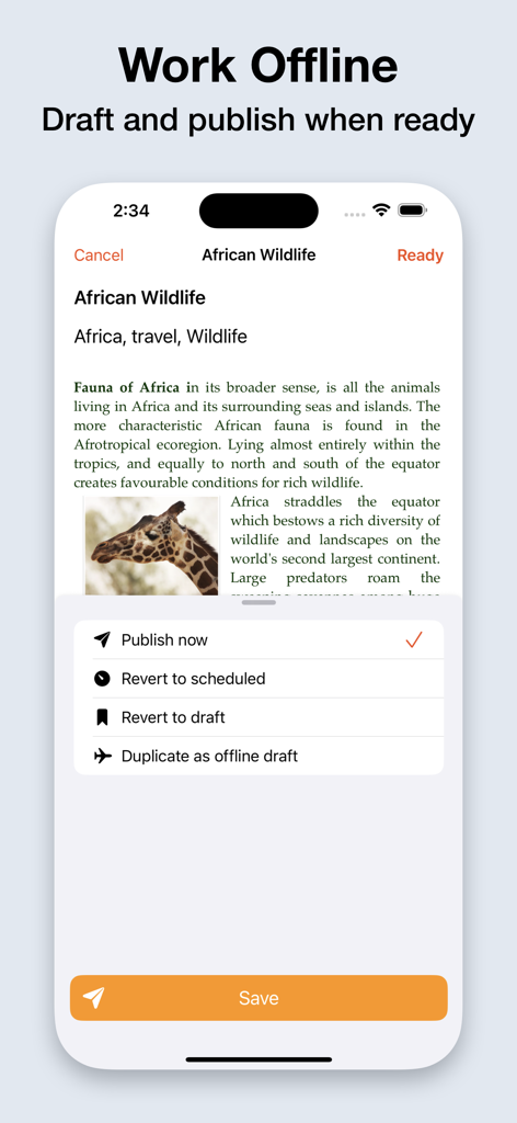 BlogTouch for Blogger - Interface do aplicativo BlogTouch mostrando edição e publicação de posts de blog offline em um iPhone