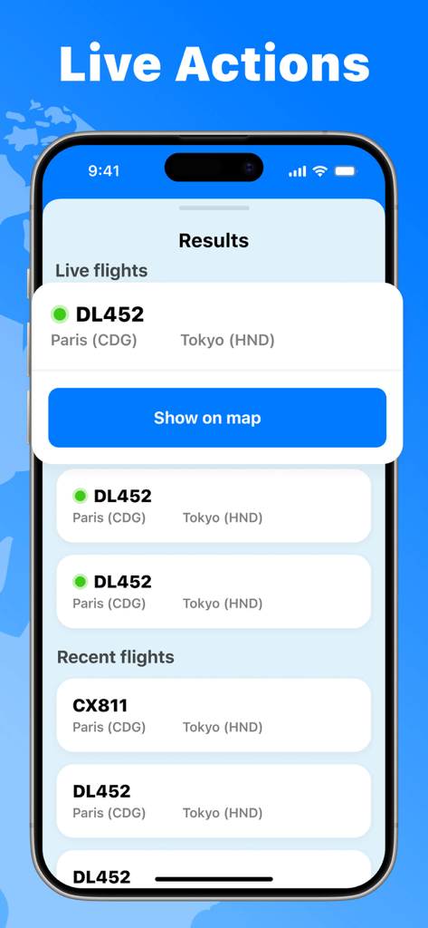 Flight Tracker, Plane Finder - Pantalla de resultados de seguimiento de vuelos en tiempo real que muestra vuelos en vivo y recientes
