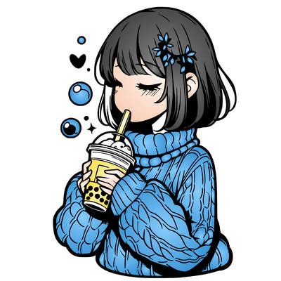 manga girl drinking boba in cozy sweater