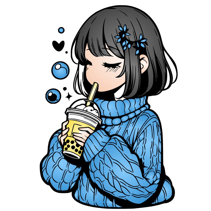 manga girl drinking boba in cozy sweater