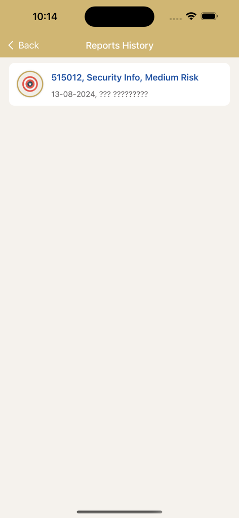 We Are All Police - A screenshot of the Reports History screen in the We Are All Police app showing a medium risk security info report