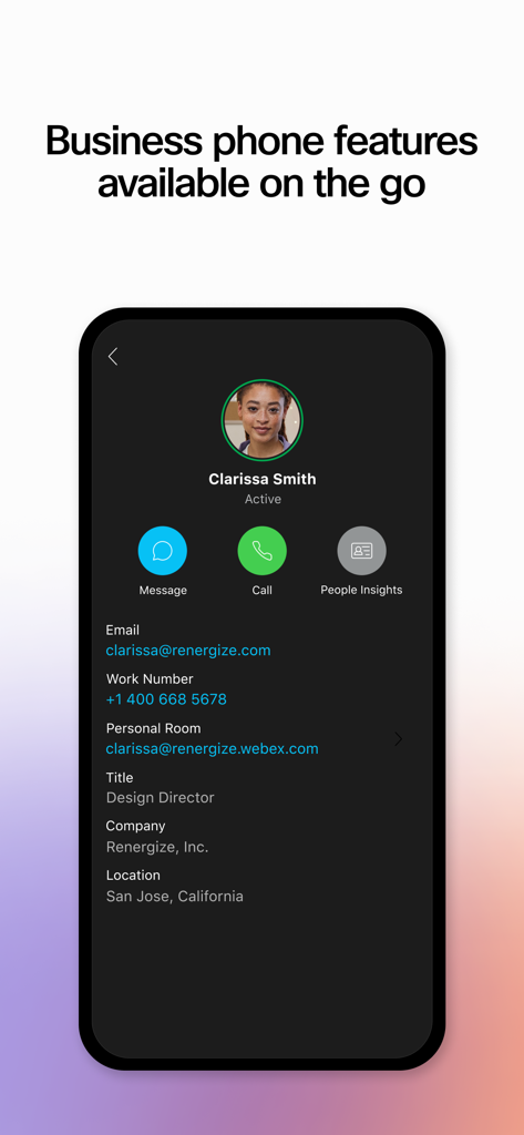 Webex for Intune - Pantalla de perfil de contacto en la aplicación Webex para Intune que muestra funciones de mensajería y llamadas