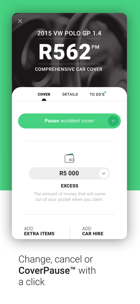 Naked Insurance - Mobile app screen for Naked Insurance showing the CoverPause feature to pause car accident cover with a single click.
