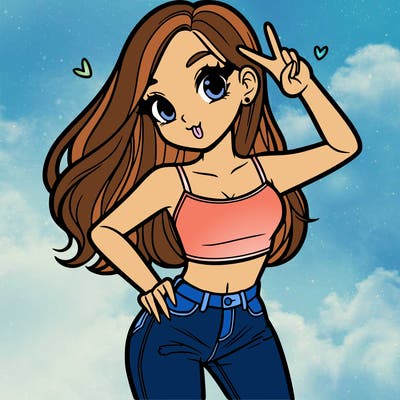 a tall girl in crop top and jeans doing✌️