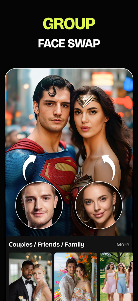 FaceSwap Studio: Video + Photo - A group face swap feature in FaceSwap Studio app showing a couple swapped onto superhero characters