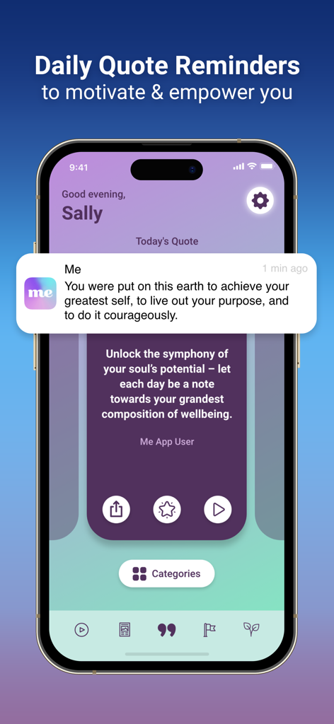 Me: Motivation & Wellness - Smartphone showing a daily motivational quote notification from the Me Motivation and Wellness app