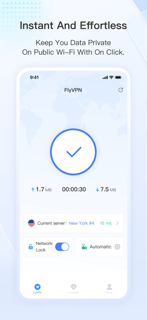 FlyVPN mobile app interface displaying a secure connection to a New York server with low latency and network lock enabled
