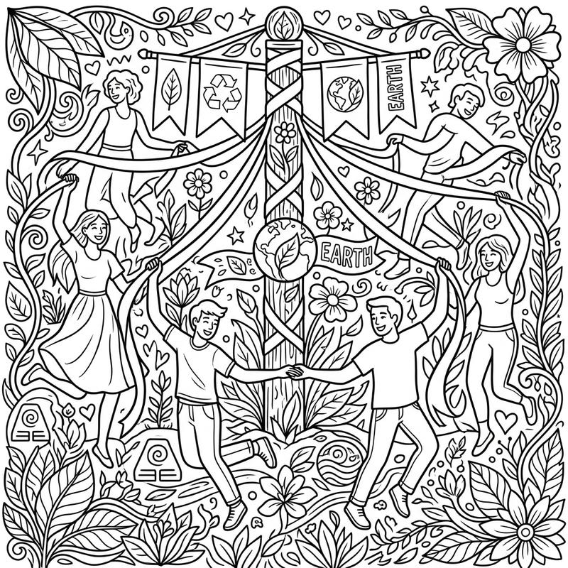 Dive into the festive spirit of Earth Day with this enchanting Maypole Dance coloring page. Featuring joyful dancers and abundant natural elements, it's a perfect way to celebrate nature and community.
