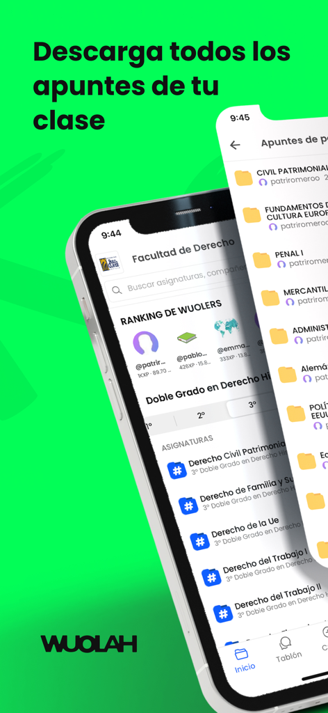 Dos pantallas de smartphone que muestran la interfaz de la aplicación Wuolah con categorías de apuntes de estudio y clasificaciones sobre un fondo verde brillante