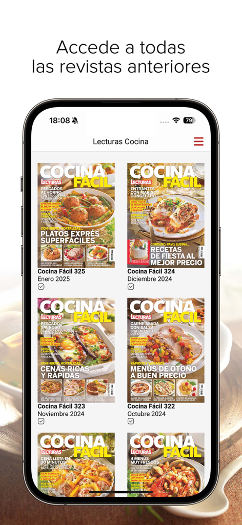 Cocina Fácil revista - Mobile app screen showing a grid of previous issues of Cocina Facil magazine for digital reading