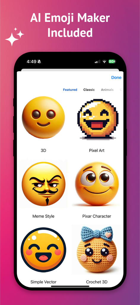 AI Image Maker Pro: Fast & Fun - Interface of the AI emoji maker feature showing various styles including 3D, pixel art, and crochet