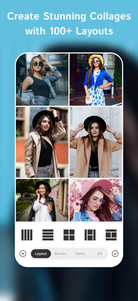 PixelLab: AI Photo Editor - A mobile app interface showing a 6-photo collage of stylish women with various grid layout options at the bottom.