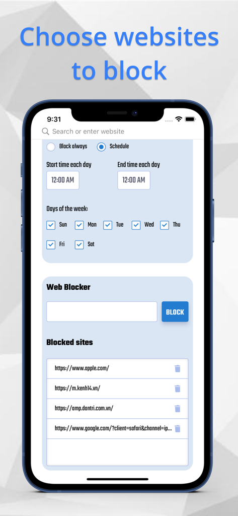 Interface of Web Blocker app showing website scheduling options and a list of blocked URLs on an iPhone