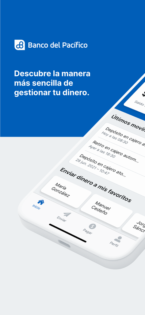 Banco del Pacífico - Pantalla de la app móvil de Banco del Pacífico que muestra el historial de transacciones y opciones para enviar dinero a contactos favoritos