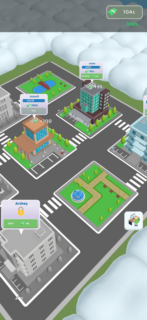 The Office Life 3D - Vista isométrica de edificios de oficinas y desarrollo urbano en el juego móvil The Office Life 3D