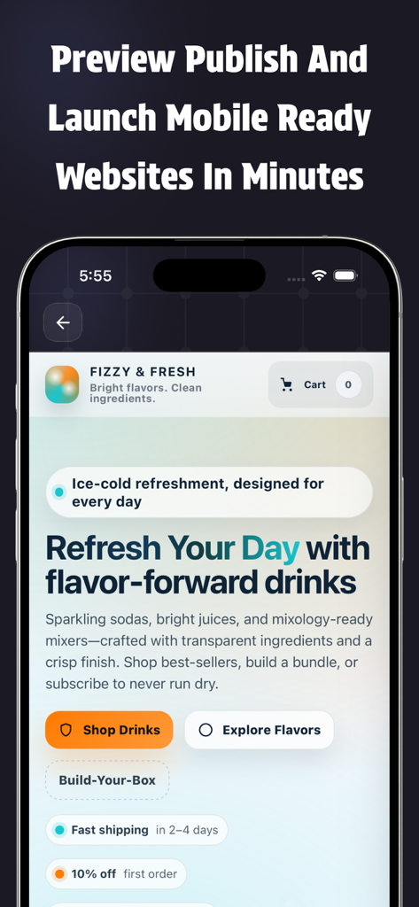 A mobile website preview for a drink brand created using LovableAI website assistant