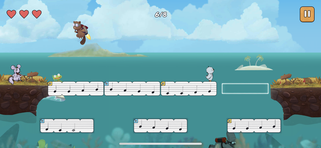 ozzy.games - A bird character walking on musical staff blocks across a sea landscape in the Ozzy games app.