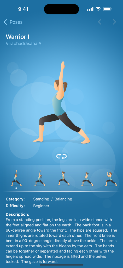 Pocket Yoga - Pocket Yoga app interface showing the Warrior I pose illustration with instructions and alignment details