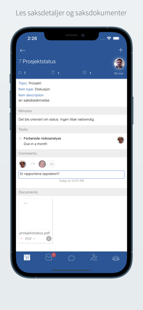 Styreplan3 - A smartphone display of the Styreplan app showing project status, meeting minutes, tasks, and attached documents