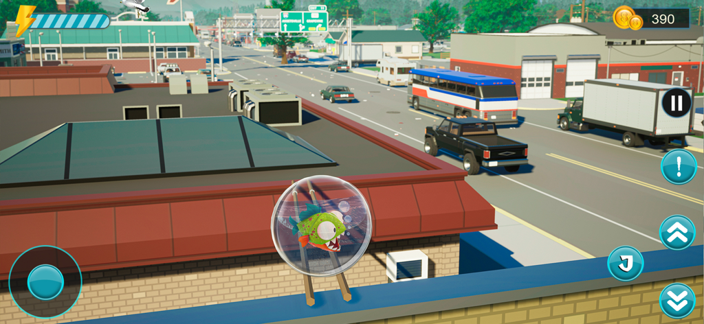 Hungry Piranha Aquarium Fish - A piranha in a water bubble rolling on a rooftop track overlooking a city street